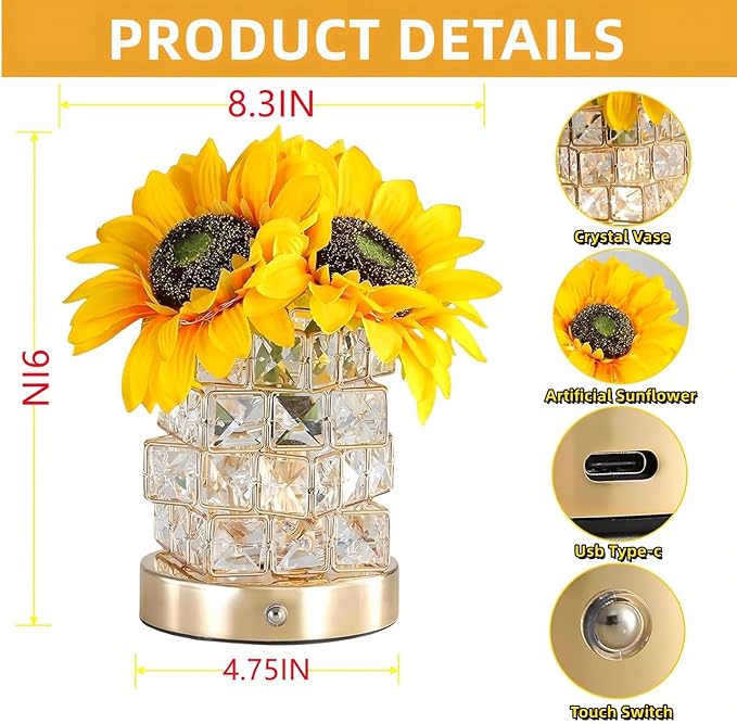 Sunflowers Flower Lamp,Rechargeable Cordless Touch Table Lamp for Bedroom,3-Colour Dimming Small Night Light,Crystal Bedside Lamps with USB Charge,Birthday Christmas Gifts for Women,Mom (Sunflowers)