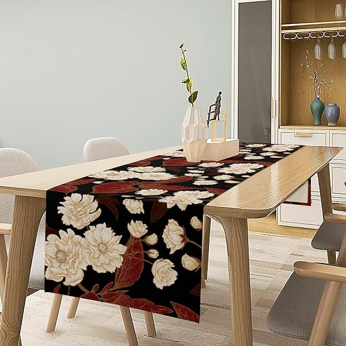 Red Gold Floral Table Runner, Boho Dark Flower Leaves Chinese Plum Blossoms Botanical Vintage White Gold Art Print Table Runner for Spring Holiday Decor, 13x120inch
