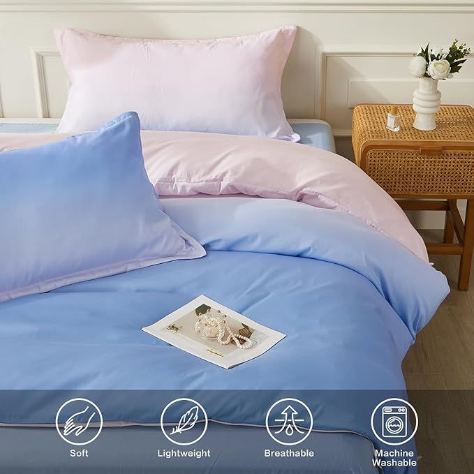 SAPHREAS King Size Duvet Cover Blue Pink Gradient Bedding Set with 8 Corner Ties and 2 Pillow Sham Microfiber Reversible Duvet Cover Set with Zipper Closure