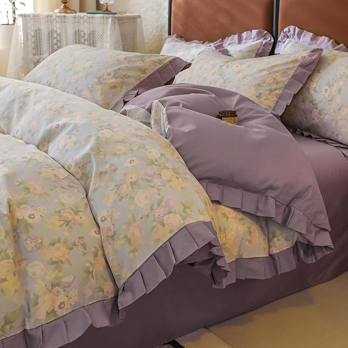 Purple Ruffle Duvet Covet Set Queen Cute Flower Comforter Cover Princess Style Lace Bedding Set Vintage Floral Duvet Cover for Teen Girls Romantic Ruffle Comforter Cover Floral Aesthetic Bedding Set