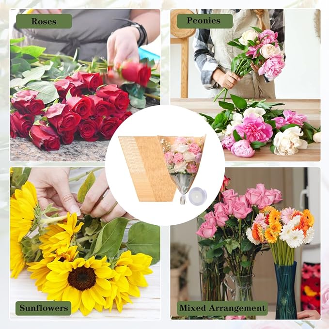 HSONAIGEE 50 Pieces Flower Bouquet Wrapping Paper, 15.8 x 13.8 x 3.9 Inch Flower Bags for Bouquets Kraft Floral Wrap Sleeves with Ribbons for Home Mother’s Day Wedding Flower Bar Supplies