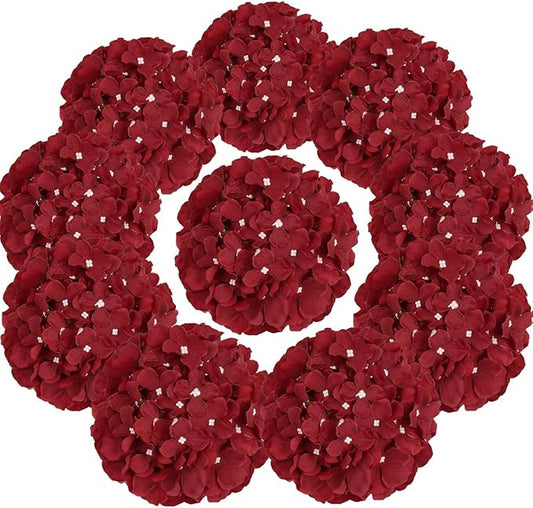 Flojery Silk Hydrangea Heads Artificial Flowers Heads with Stems for Home Wedding Decor,Pack of 10 (Burgundy)