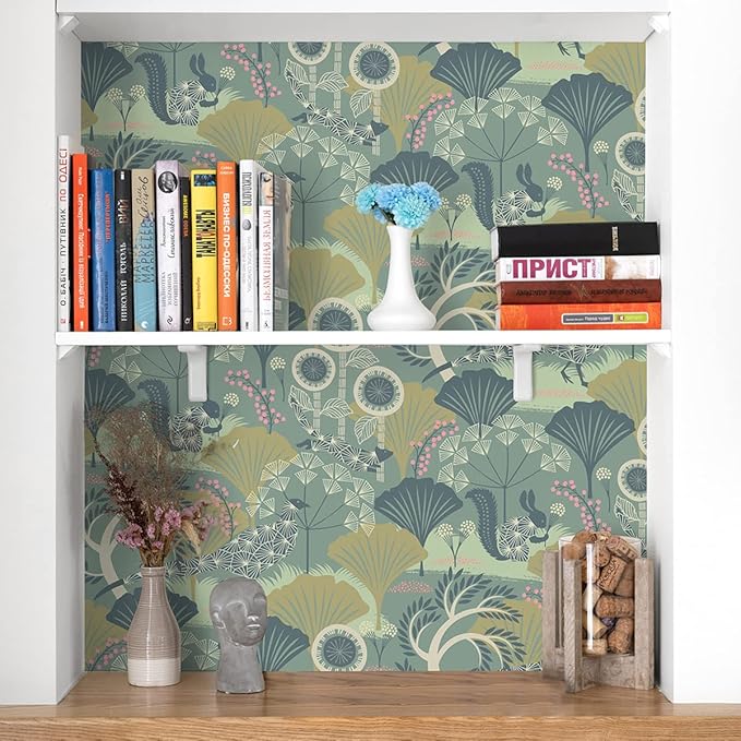 Wudnaye Green Floral Peel and Stick Wallpaper Vintage Contact Paper for Cabinets 17.7inch×118.1inch Neutral Peacock Removable Wallpaper Self Adhesive Boho Wall Paper for Bedroom Cabinet Decor Vinyl