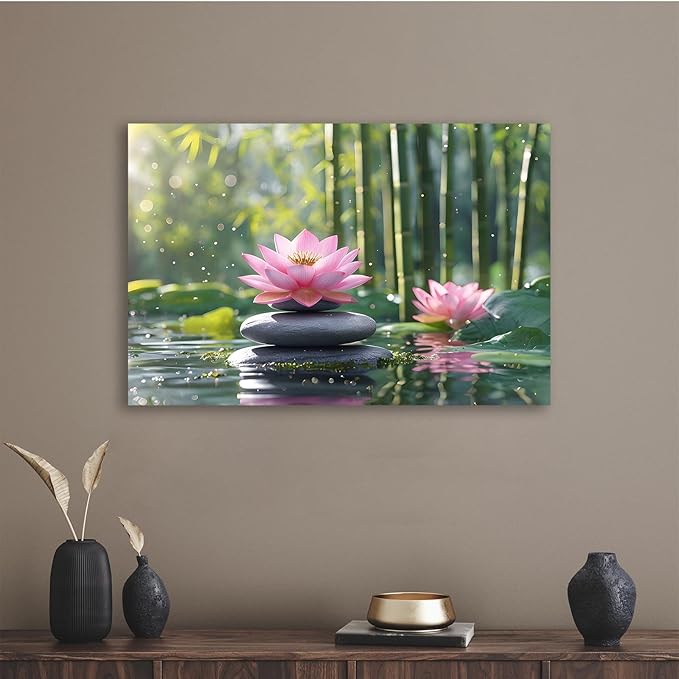 Ethereal pink lotus on obsidian Sunlit bamboo forest with sparkling water drops Poetic nature inspired wall art for tranquil homes and mindful spaces 24x36in Wood Framed