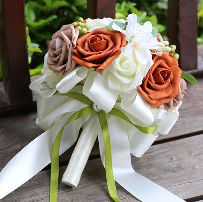 Lightweight Bridal Wedding Bouquet Round Holding Bouquet Throw Toss Artificial Rose Flower Bunch for Bride Bridesmaid Wedding Quinceanera (Cream, Coral & Rosy Brown, 6.7")