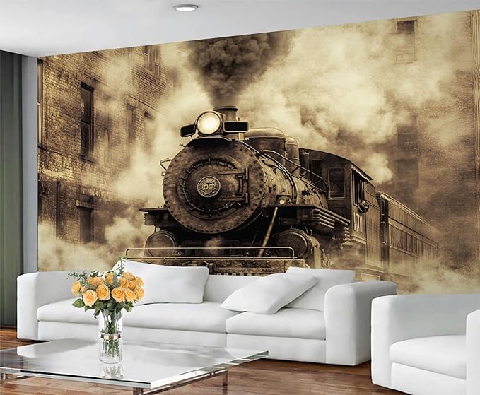 Vintage Steam Train Wall Mural, Industrial Train Engine 3D Wall Murals, Retro Railway Steam Engine Wallpaper Mural, for Living Room Bedroom Large Wallpaper Indoor Decor 197" W x124.8 H