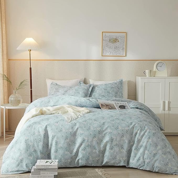 Garden Style Boho Floral Comforter Set Queen Size Fluffy Soft Botanical Blue Flowers Leaves Floral Bedding Comforter Set for Girls Women Vintage Flowers Comforter with 2 Pillowcases All Seasons