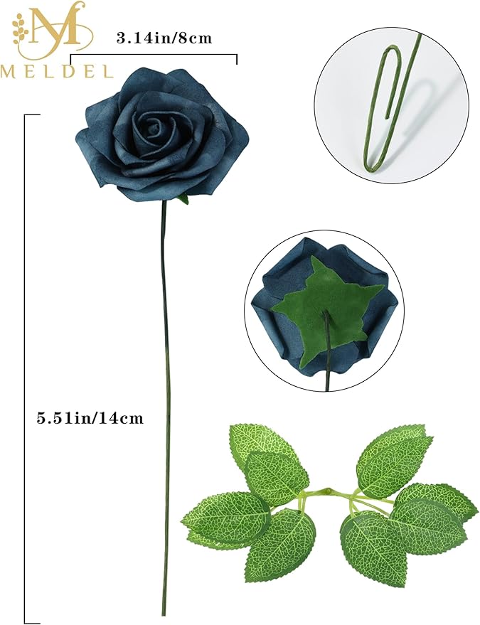Meldel Artificial Flowers 50pcs Real Looking Dutch Blue Dusty Blue Foam Fake Roses with Stems for DIY Wedding Bouquets Bridal Shower Centerpieces Floral Arrangements Home Decorations Crafts Gifts