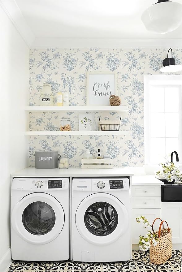 Cream White and Blue Peel and Stick Wallpaper Vintage Floral Contact Paper 16.9"x 118.1" Blue Floral Wallpaper Peel and Stick Birds Self Adhesive Removable Wall Paper for Bedroom Bathroom
