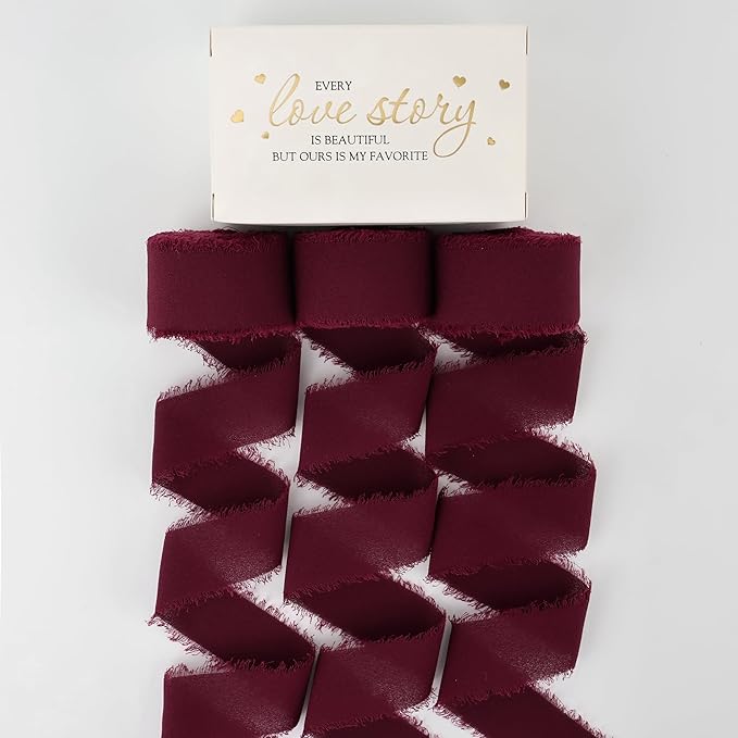 MEEDEE Burgundy Chiffon Ribbon 1 Inch Fringe Ribbons Dark Red Chiffon Silk Frayed Burgundy Ribbon Thin Chiffon Ribbons for Crafts, Gift Wrapping, Wedding Invitation (3 Rolls 21 Yards)