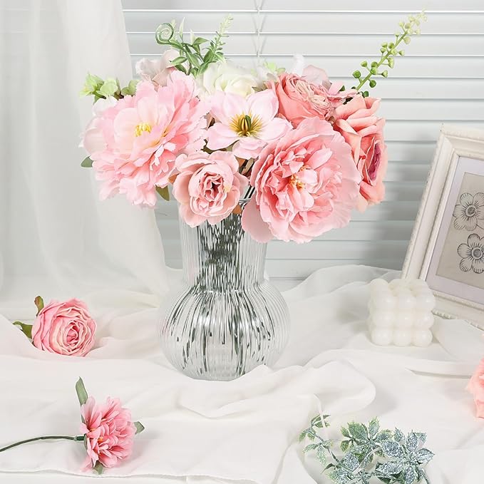 Artificial Flowers Combo Pink Roses with Stems Bouquets Box Set Bridal Wedding Shower Decorations Fake Floral for Party Table Centerpieces Home Decor