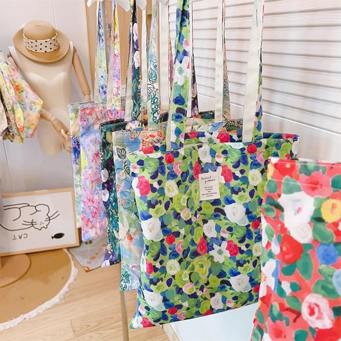 Cotton Canvas Tote Bag Reusable Soft Grocery Cloth Bag Floral Shoulder Bag for Beach Travel Shopping