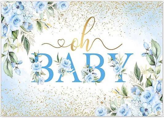 Mocsicka Oh Baby Backdrop Blue Floral Baby Shower Banner for Boys Party Decorations Photo Booth Props (Blue, 7x5ft)