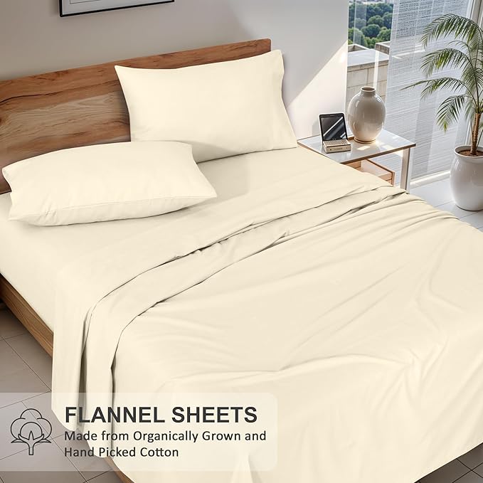 RUVANTI Flannel Sheets Full Size - GOTS Certified 100% Organic Cotton, 4 Piece Warm, Soft & Breathable Set, Deep Pocket Snug Fit, Double Brushed Cozy All Season Bedding, Winter White