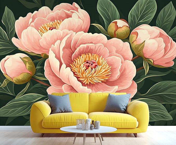 KIREUPA Peony Flower Wall Mural, Retro Pink Peony Flower 3d Wall Murals, Romantic Garden Theme Wallpaper Mural, for Living Room Bedroom Large Wallpaper Indoor Decor 177.16" W x120 H