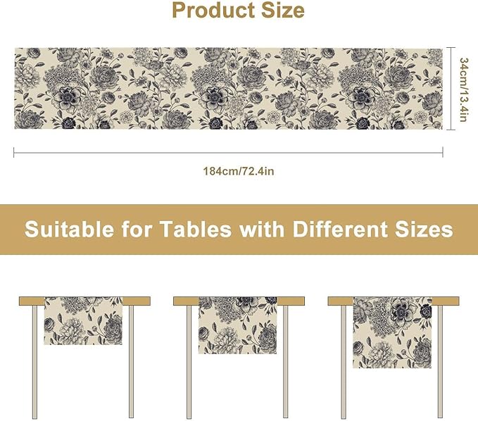 Black White Flower Table Runner,Vintage Wildflower Decor Table Runner for Home Kitchen Table Dining Indoor Outdoor Party Decor 13x108 Inch