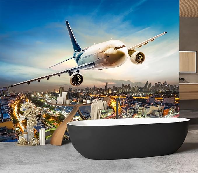 Cliouar-Airplane Flying Over The Night City Wall Mural Wallpaper Peel and Stick 137" x 102"