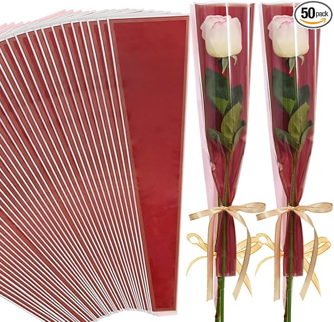 BEISHIDA 50 PCS Single Rose Sleeve Plastic Flower Wrapping Bags Cellophane Flower Sleeves for Florist Bouquet Supplies Mother's Day Valentine's Day (Red and Champagne)