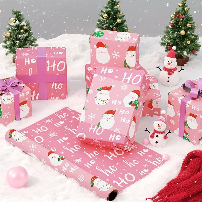 WERNNSAI Santa Christmas Wrapping Paper - 1 Roll 17”x 33 Ft Pink Santa Claus Wrapping Paper Reversible Christmas Gift Wrap for Kids Girls Xmas Winter Holiday Present Decoration with HOHO Design