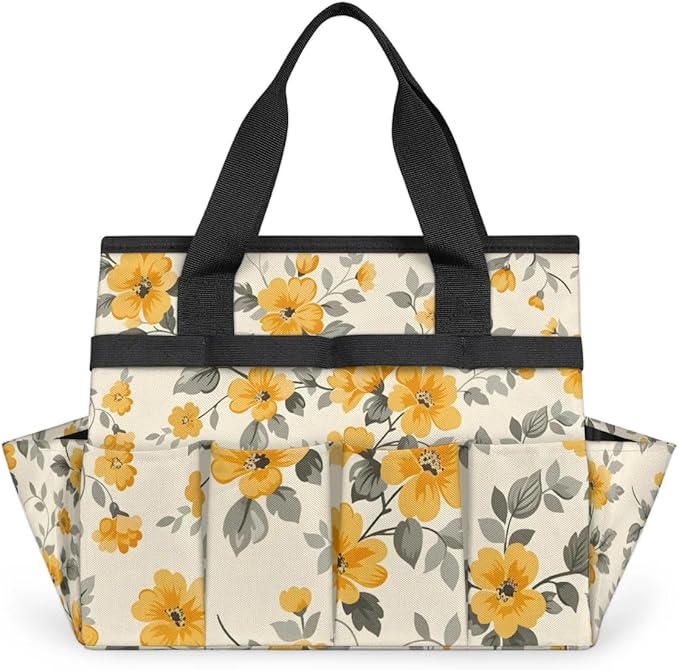 Garden Tool Bag Organizer Garden Tote Bag with Pockets Patterned Floral Print Tool Storage Organizer Gardening Tool Kit Holder 13" x 6.8" x 2.8"