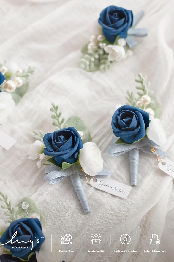 Ling's moment Boutonniere for Men, 6pcs Groom Groomsmen Boutonniere, Artificial Flowers for Wedding Decor/Prom/Homecoming, etc.Navy Blue Dark Blue