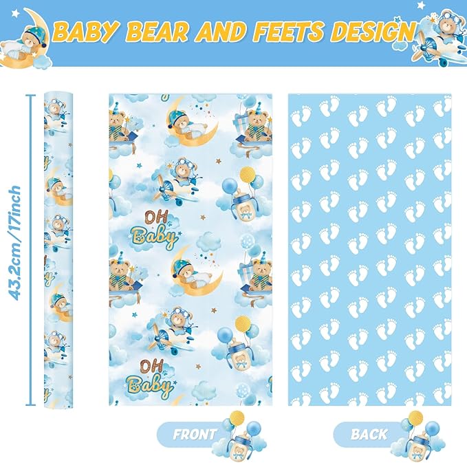 WERNNSAI Baby Wrapping Paper - 1 Roll 17” x 16.4 ft Bear Wrapping Paper for Boy Baby Shower Wrap Paper Blue Bear Gift Wrap Reversible New Born Birthday Present