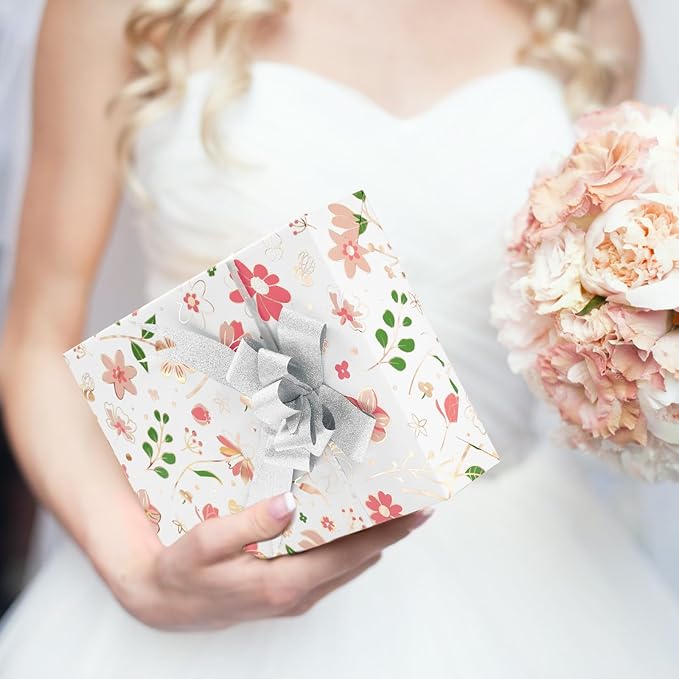 WERNNSAI Pink Floral Wrapping Paper - 1 Roll 17”x 33 ft Vintage Daisy Flower Gift Wrapping Bridal Shower Wrapping Paper for Kids Birthday Wedding Party Baby Shower Supply Reversible Metallic Foil Dots Design