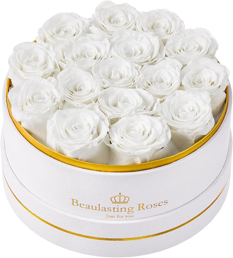 Preserved Roses Forever Flowers Real Roses in a Box Mother's Day Birthday Flowers for Her Mom Women Wife Valentine's Day, 16 White Roses