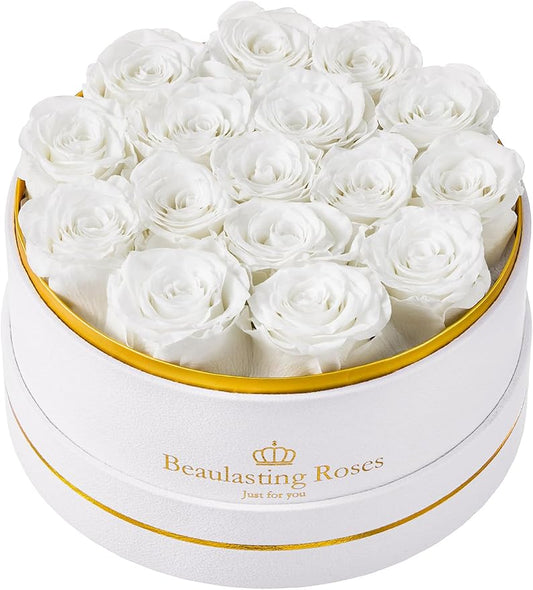 Preserved Roses Forever Flowers Real Roses in a Box Mother's Day Birthday Flowers for Her Mom Women Wife Valentine's Day, 16 White Roses