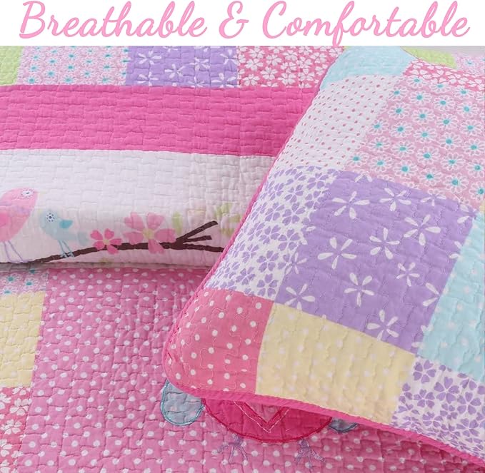Cozy Line Home Fashions Queen - 7 Piece Cute Owl Pink Blue Green Embroidery 100% Cotton Reversible Girl Bedding Quilt Set, Coverlet, Bedspreads (1 Quilt + 2 Shams + 4 Decorative Pillows)