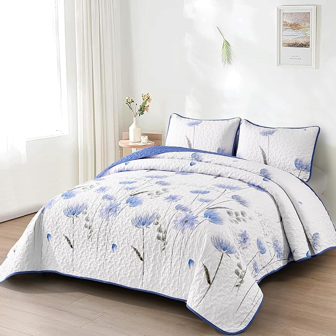 Dinjoy King Size Quilt Set Floral,3 Pieces Blue & White Quilts Coverlet Set Flower Bedspreads Bed Cover Lightweight Summer Quilt Cute Botanical Bedding Sets for King Bed (110"x90")