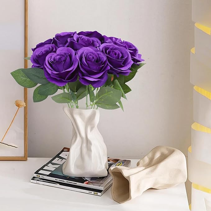 Artificial Rose Flower Artificial Flowers Flower with Long Stem Silk Roses Bouquet for Wedding Bridal Shower Party Home Decoration (Purple, 12 Pcs)
