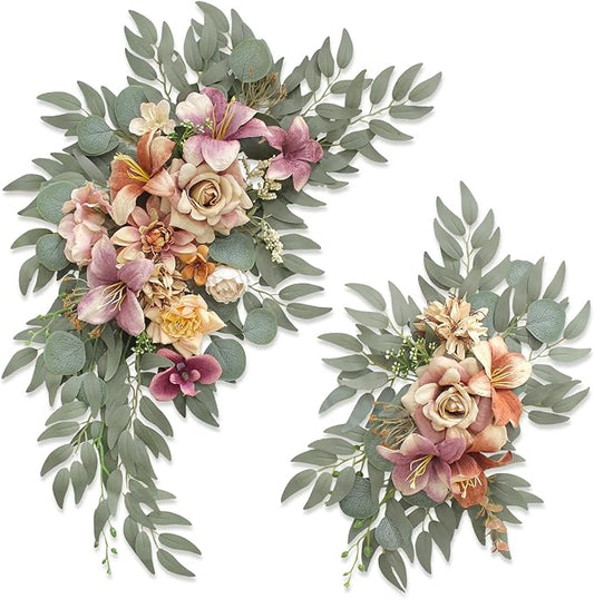 Pack of 2 Wedding Arch Decorations Artificial Hanging Flowers Floral Swag for Wedding Welcome Sign Backdrop Balloon Arch Home Party Bridal Ceremony Reusable(Champagne Coffee)