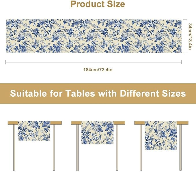Vintage Blue Floral Table Runner, Retro Country Flowers Botanical Design Table Runner for Kitchen Dining Home Party Outdoor Indoor Decor, 13x36 Inch