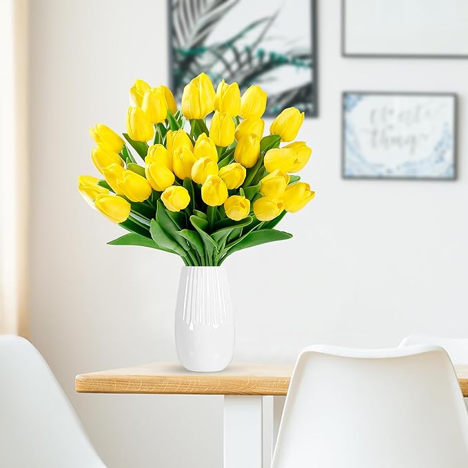Sggvecsy 30 Pcs Fake Tulips Artificial Flowers Real Touch PU Faux Flowers Tulip Stems for Wedding Spring Bouquet Floral Arrangement Home Party Office Decorations for Mother's Day (Yellow)