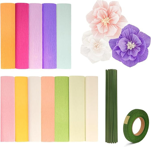 12 Colors Crepe Paper Rolls 10 x 98 Inch Crepe Paper Sheets Assorted Streamers with Floral Stem Wire and Green Floral Tapes DIY Flower Wrapping Paper for Birthday Party Wedding Festival Decoration