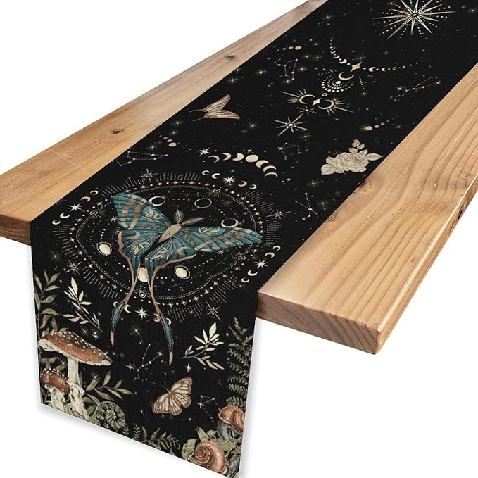 Gothic Moth Table Runner, Boho Gothic Sun Moon Phase Mystical Mushroom Floral Witchy Farmhouse Coffee Table Center Decor for Home Kitchen Dining Patio Holiday Party Table Decorations 13x72 inches