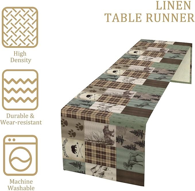 Rustic Moose Deer Bear Table Runner, Retro Vintage Bear Cottage Country Style Cabin Farmhouse Dinner Runner for Home Kitchen Dining Table Decoration 13"x108"