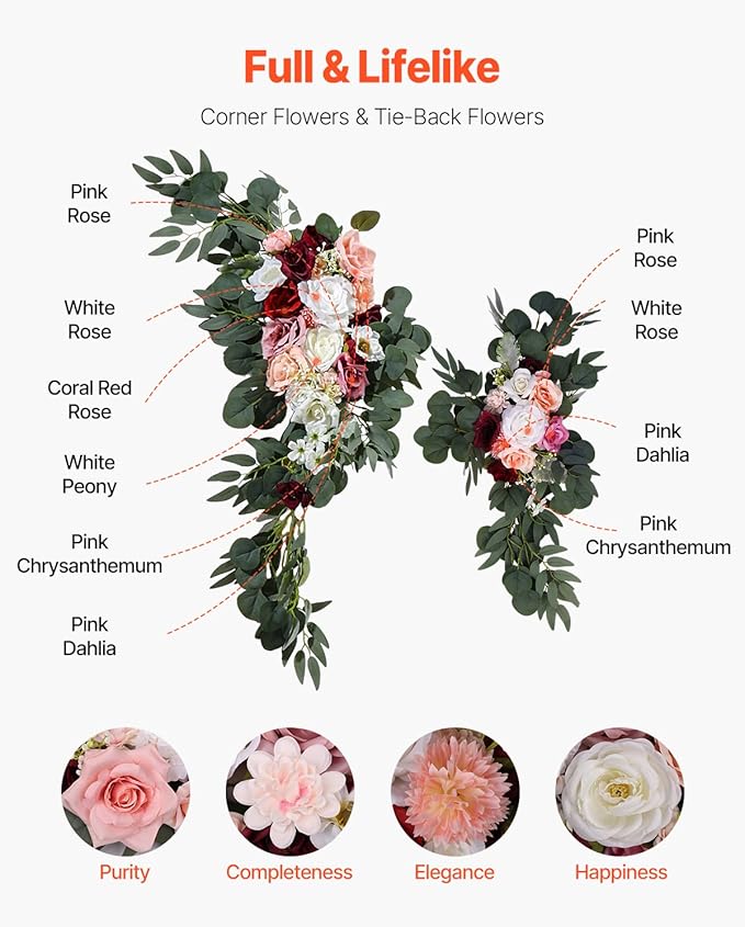 VEVOR Artificial Wedding Arch Flowers Kit, Pink Wedding Arch Flowers with Drapes Kit- 2 Pcs Floral Arrangement, 2 Pcs Sheer Drapes, for Ceremony Bouquets Reception Backdrop Decoration（No include wood）