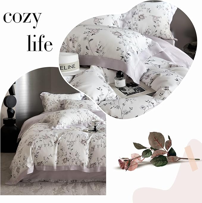VM VOUGEMARKET Lyocell Duvet Cover King with 2 Pillow Shams,Vintage Garden Flower Bedding Set,Silky Soft, Cool-to-The-Touch Comforter Cover for Hot Sleeper-King,Purplish Grey