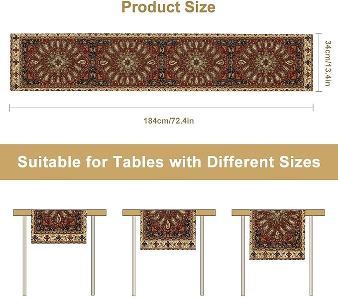 Boho Paisley Table Runner, Classic Traditional Red Gold Mandala Vintage Farmhouse Decor Table Runner for Kitchen Dining Festive Holiday Party Wedding Gathrting, 13x70 Inch