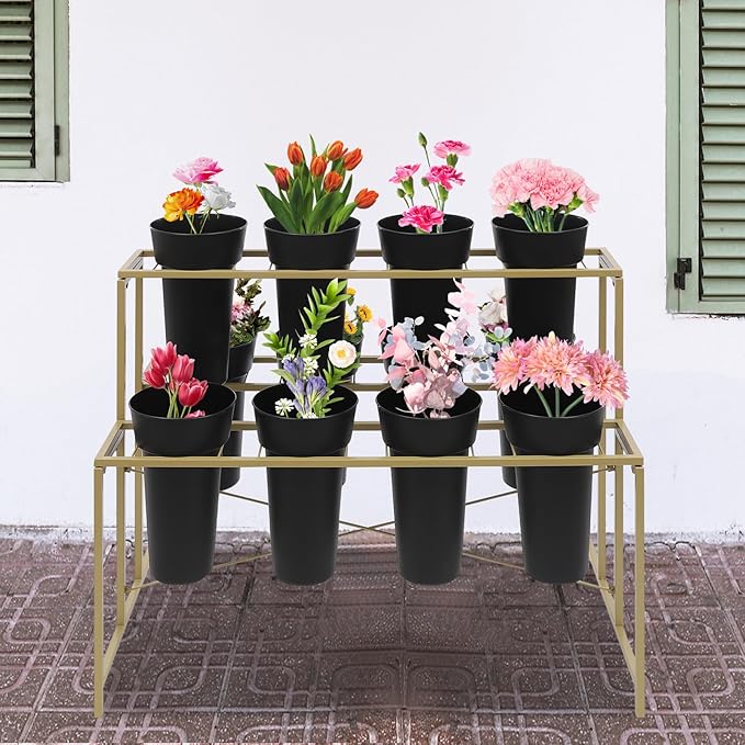 Flower Display Stand with 12 Pcs Buckets 3 Layers Metal Plant Stand Plant Cart Shelf Flower Bucket Rack Stand for Indoor Florist Garden Patio (Gold Stand-Black Round Buckets)