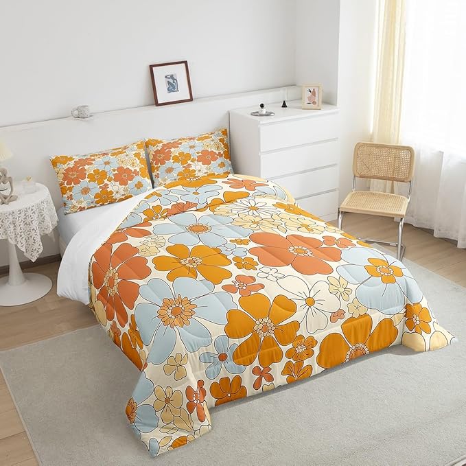 Castle Fairy Retro 70s 60s Floral Hippie Comforter Set Full Size,Summer Groovy Flowers Bedding Comforters Room Decor,Boho Plant Quilt Set with 2 Pillowcases,Teens Present