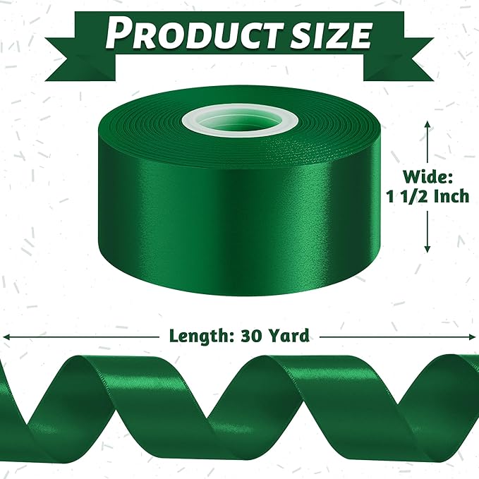 Fullive 1 1/2 Inch Christmas Ribbon, 30 Yards Forest Green Ribbon for Gift Wrapping, Polyester Solid Satin Ribbon for Flower Bouquet for St. Patrick's Day Christmas Decorations Floral Arrangements