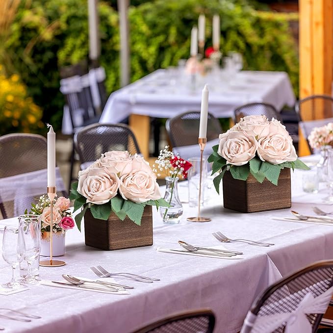 Dining Table Centerpiece Set of 6 - Pre-Made Aritifial Rose with Wooden Vase Fake Floral Arrangment Faux Flower for Wedding Bridal Tea Party Event Decorations - Boho
