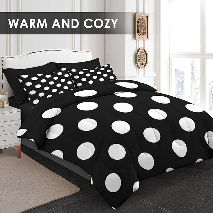 Comforter Set Full Size, Polka Dot Retro White Black 7 Pcs Bedding for Kids and Adults, Geometric Plaid Modern Bed Sheet Sets with Fitted Sheet 2 Pillowcase & 2 Sham for Bedroom Bed Decor