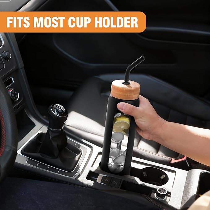 24 oz Glass Water Bottle, Glass Tumbler with Straw, Reusable Drinking Bottles with 2 Lids-Handle Lid&Bamboo Straw Lid, Silicone Sleeve, for Sports, Home,1 Pack-Black