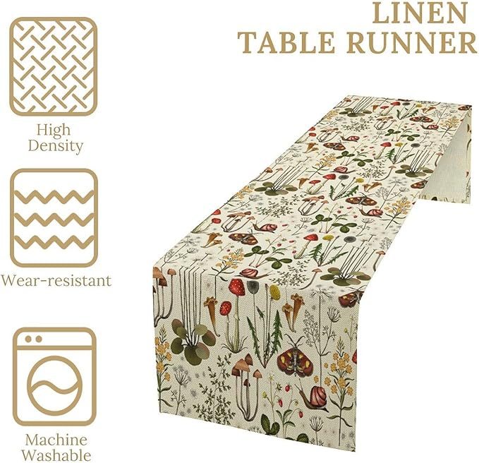 Vintage Mushroom Table Runner Rustic Farmhouse Wildflower Botanical Herbs Table Runner Boho Nature Plants Spring Summer Seasonal Dinner Runner for Home Kitchen Holiday Party Decor 13x70in