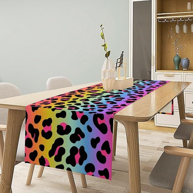 Rainbow Leopard Skin Print Table Runner, Wildlife Colorful Neon Cheetah Dots Dinner Runner Table Decoration for Farmhouse Home Kitchen Dining Table Party Holiday Decor 13x60in