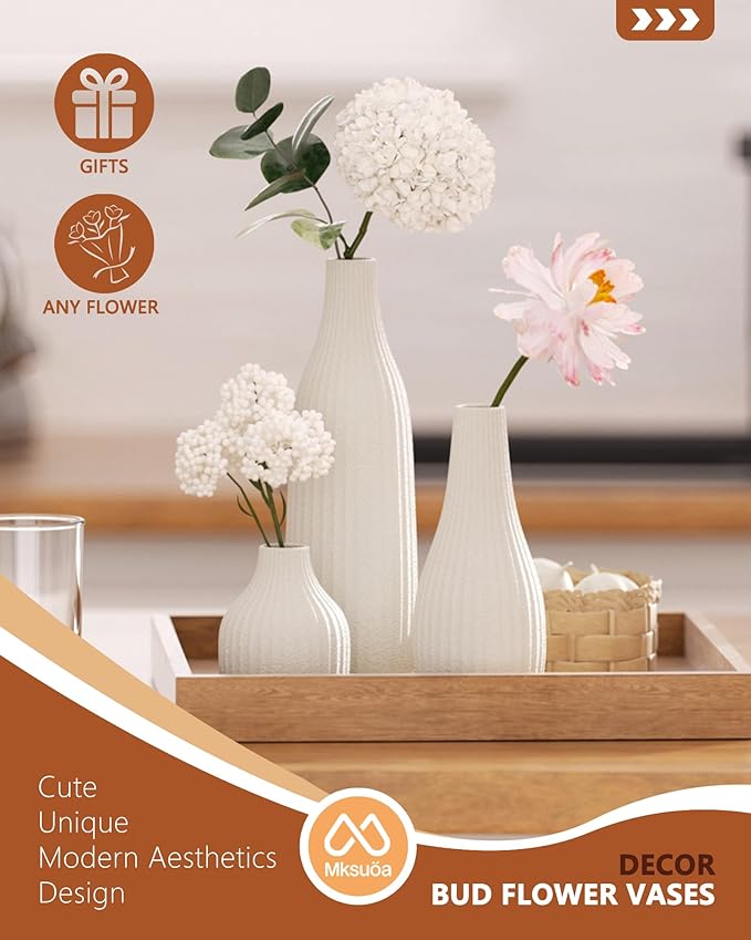 Decorative Flower Vase Set of 3 - Modern Boho Style White Vases, Ribbed Textures Ceramic Vase for Home Decor Shelf Bookshelf Mantle TV Stand Entryway Console, Dining Table Centerpiece Decor